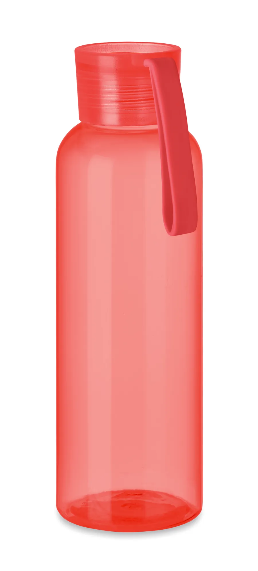 Läpinäkyvän punainen 500 ml:n Tritan-juomapullo, jonka korkissa on silikonilenkki.