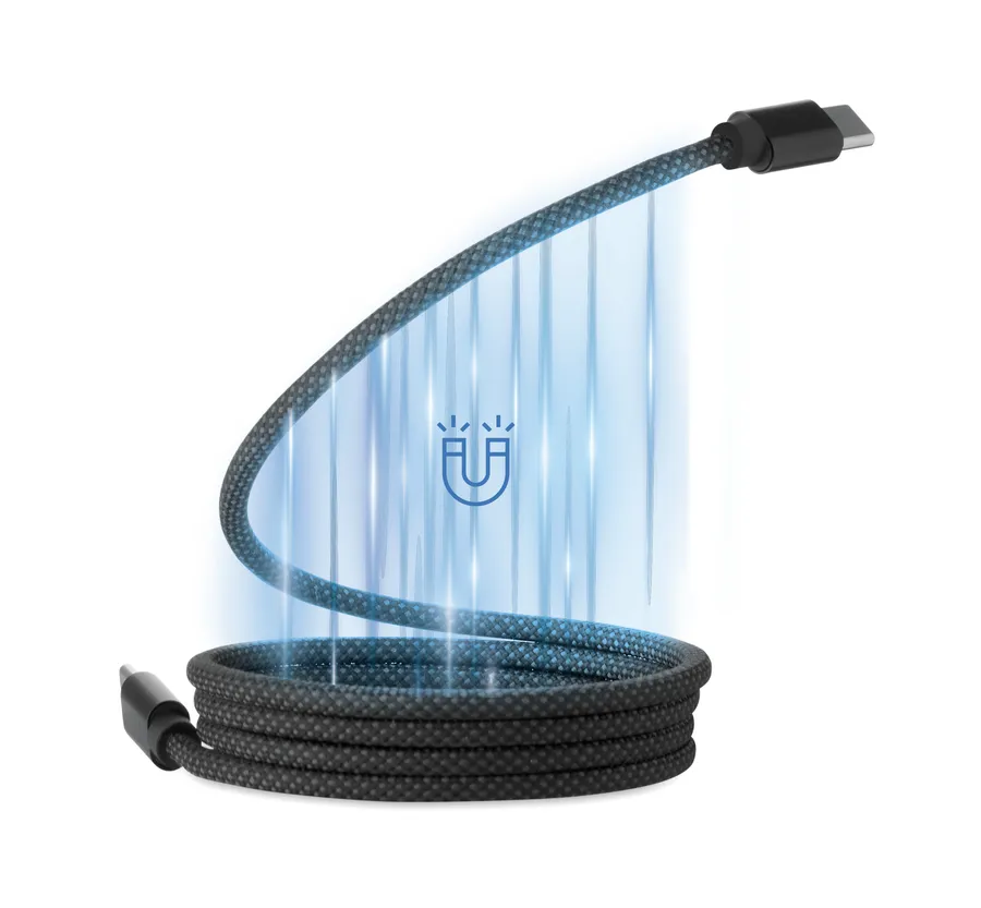 Musta punottu USB-C-magneettikaapeli kiepillä, päät ylöspäin nostettuna.