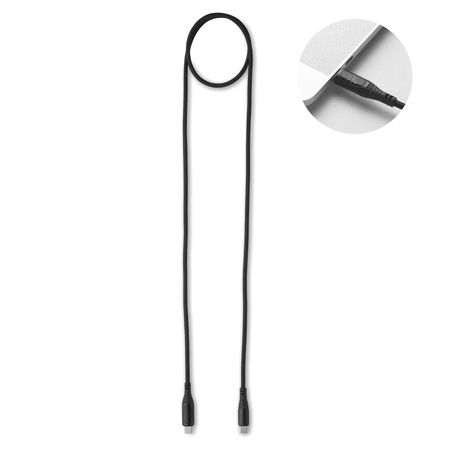 Musta USB-C–USB-C-latauskaapeli ja lähikuva liittimestä laitteeseen kytkettynä.