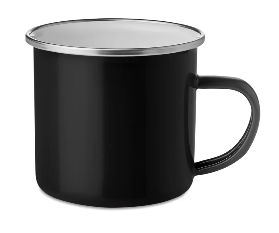 Musta emalimuki, jossa hopeanvärinen metallireunus ja kaareva korva.