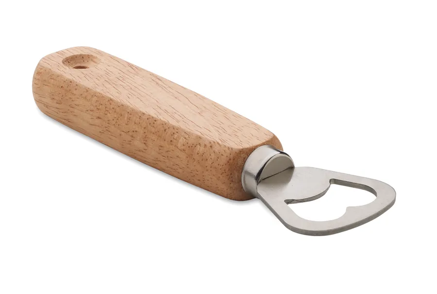 Puukahvainen baarimikon pullonavaaja, jossa metallinen avaajapää ja reikä kahvan päässä.