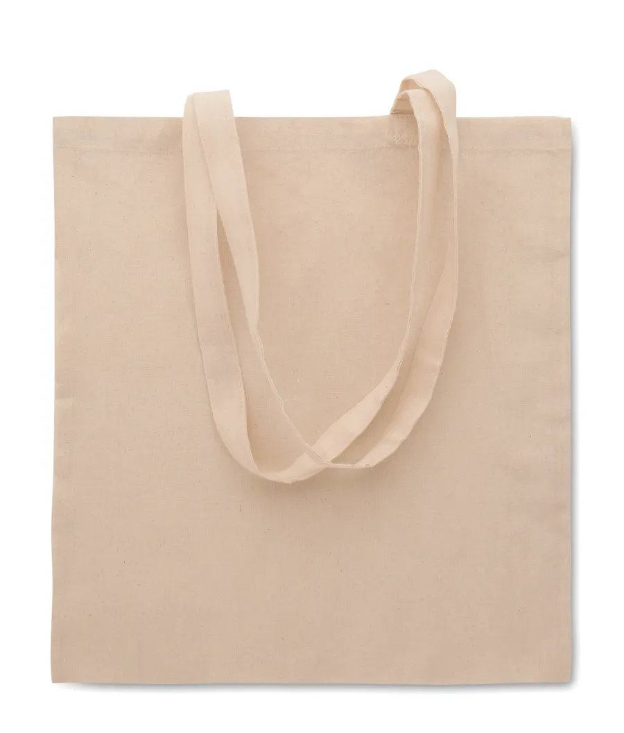 Beige kangaskassi pitkillä kahvoilla, ilman painatusta.