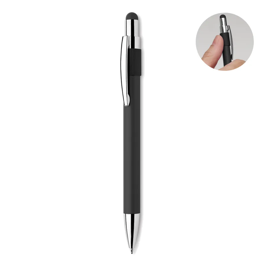 Musta Stylus spinner-kynä, jossa on metallinen kosketuskärki ja pinni.