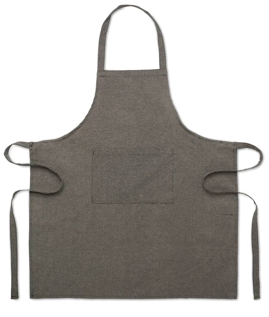 Harmaa CUINA-esiliina, jossa etutasku, niskalenkki ja pitkät sivunauhat.