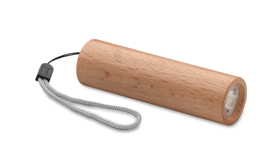 Pyökkipuurunkoinen LITE-taskulamppu, jossa harmaa kantohihna.