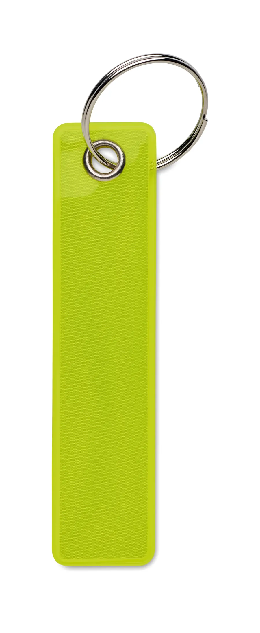 Neonkeltainen suorakaiteen muotoinen heijastava avaimenperä, jossa metallinen avainrengas.