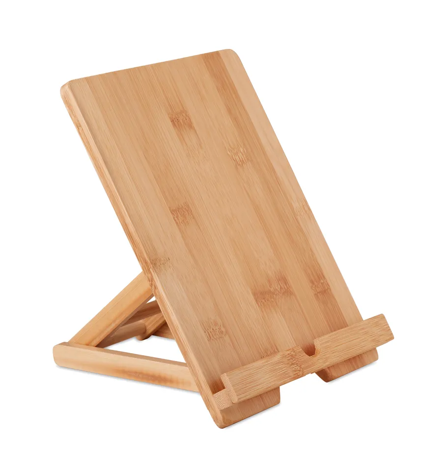 Bambuinen puhelin- ja tablettialusta, jossa on takatuki ja etureunan pidikkeet.