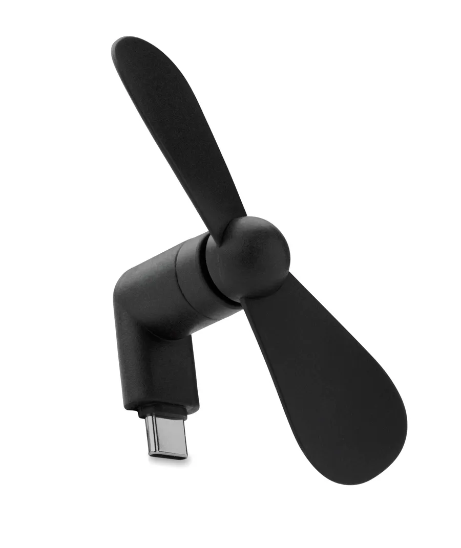 Musta kannettava USB-C-tuuletin, jossa on kaksi taipuisaa siipeä.