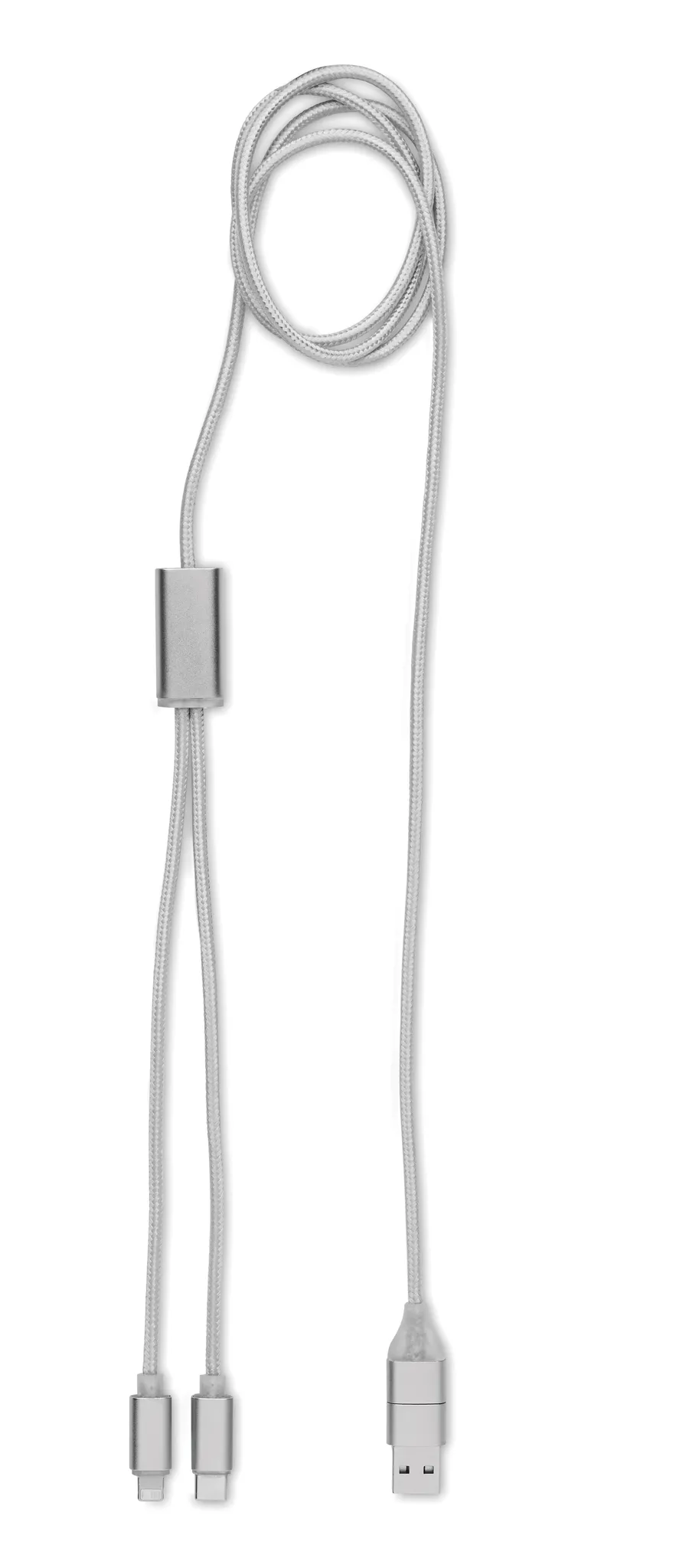 Hopeanvärinen punottu 2 in 1 -latauskaapeli, jossa USB-liitin ja kaksi latausliitintä.