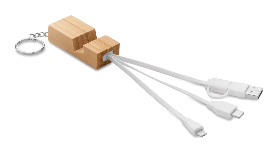 Puunvärinen bambuinen avaimenperä, jossa puhelinteline ja latauskaapeli Type-C-, micro-B- ja USB-liittimillä.
