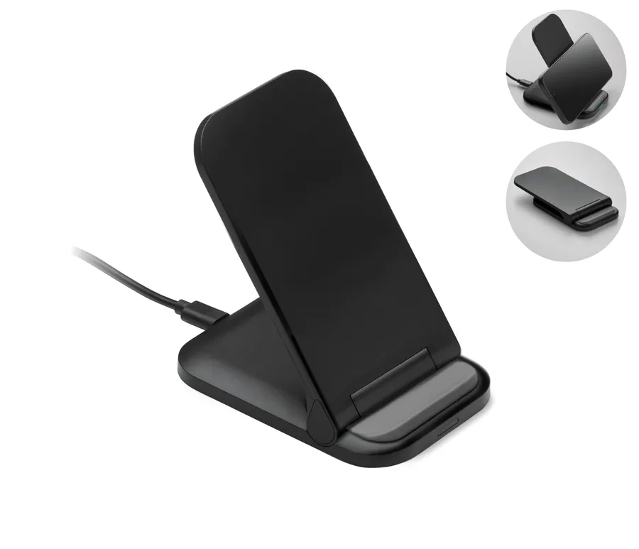 Musta taitettava langaton laturi POWERFOLD telineasennossa ja taitettuna, mukana USB-C-kaapeli.