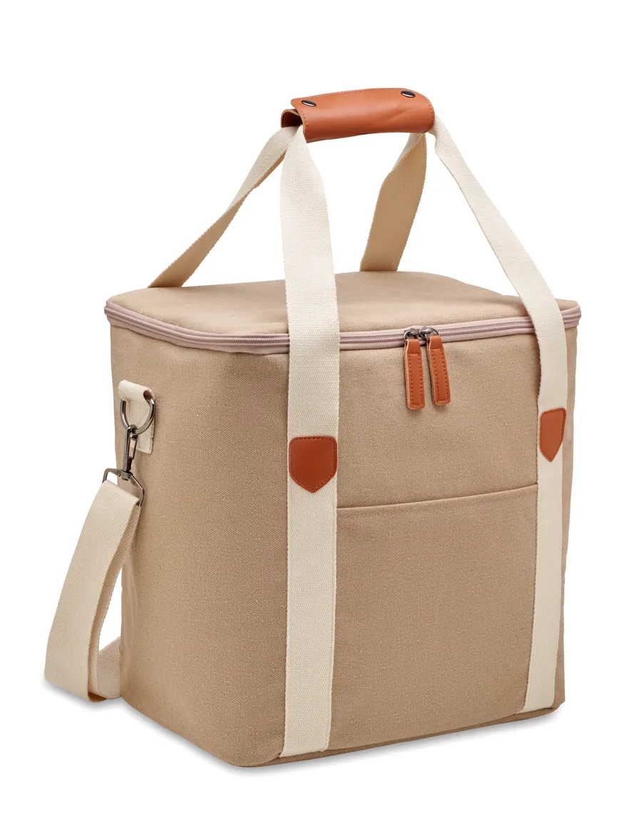 Beige canvas-kylmälaukku, jossa vetoketjullinen kansi, etutasku, kantohihnat ja olkahihna.