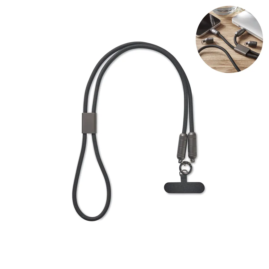 Musta kaulanauha, jossa USB-C-latauskaapeli, säädin ja puhelimen pidike.