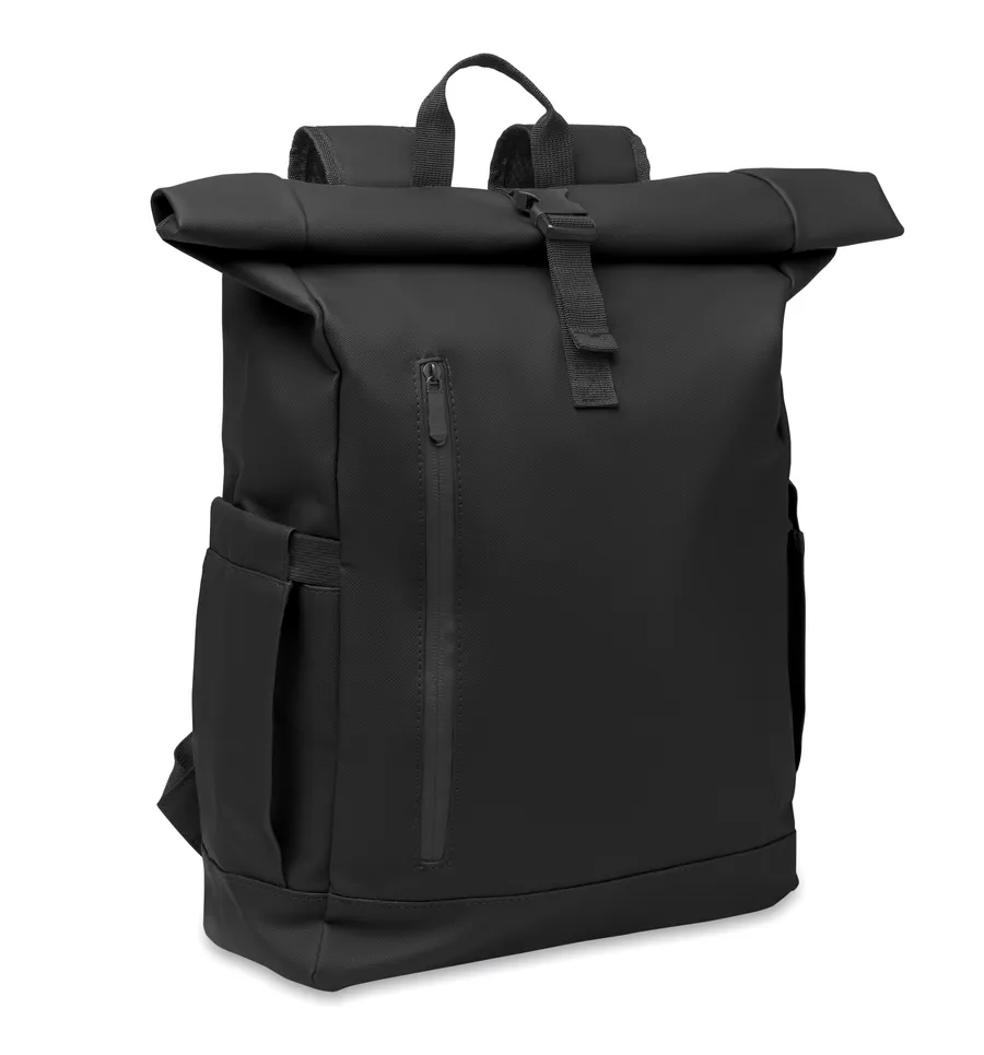 Musta rolltop-tietokonereppu, jossa etutasku vetoketjulla ja soljella kiinnittyvä rullattava yläosa.