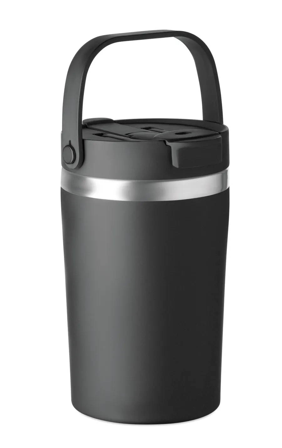 Musta kaksiseinäinen COZYCUP-muki, jossa kantosanka, teräsvyö ja kansi pillinaukolla.