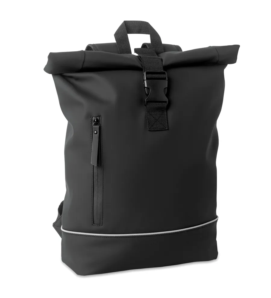 Musta rolltop-tietokonereppu, jossa vetoketjullinen etutasku ja heijastinnauha pohjaosassa.