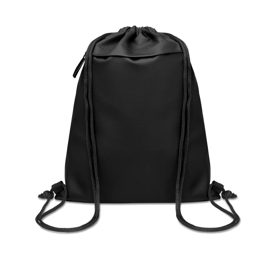 Musta narureppu, jossa vetoketjullinen etutasku ja olkaimina toimivat kiristysnyörit.
