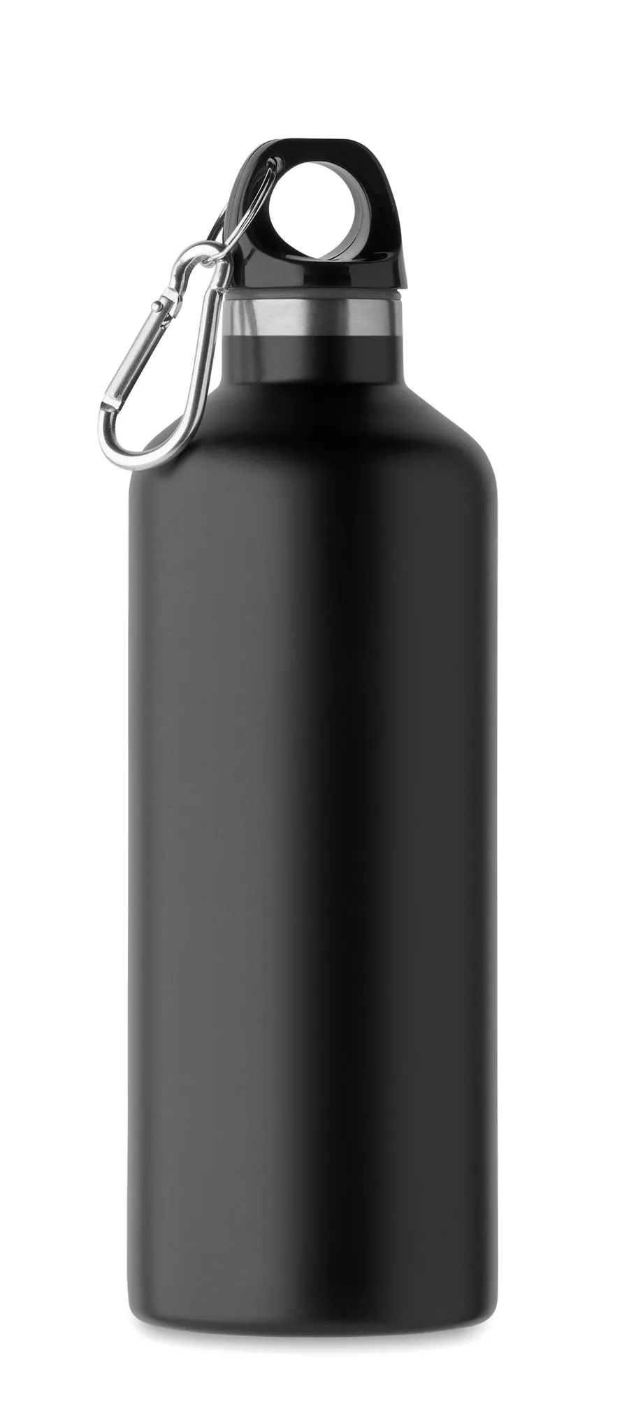 Musta kaksiseinäinen 500 ml:n juomapullo, jonka kannessa on karabiinikahva.