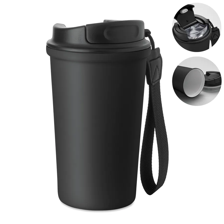 Musta kaksiseinäinen teräsmuki, jossa läpinäkyvä kansi ja musta rannehihna.