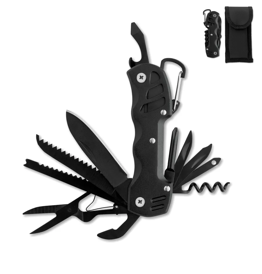 Musta MYTOOL-monitoimiveitsi avattuine terineen ja työkaluineen sekä musta kotelo.