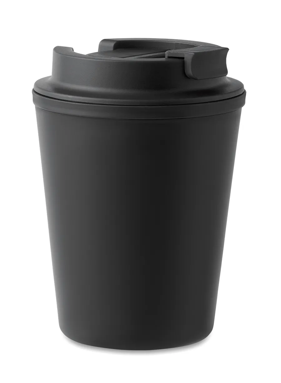 Musta TRIDUS takeaway muki 300 ml, jossa on suljettava juoma-aukollinen kansi.