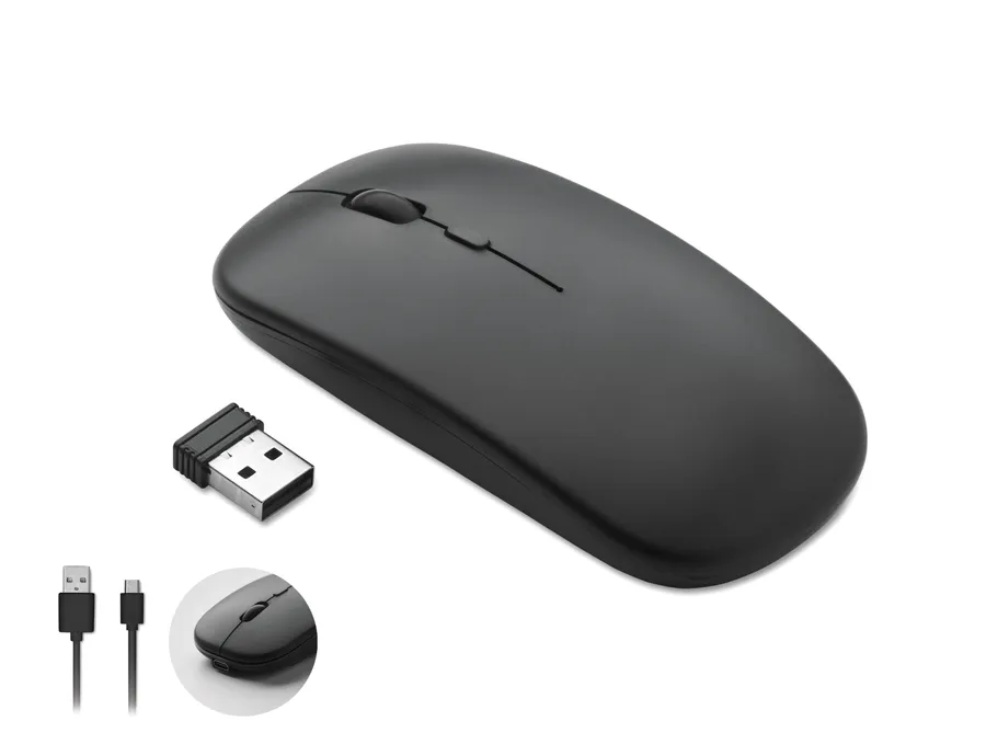 Musta langaton CURVY C -hiiri, mukana USB-vastaanotin ja latauskaapeli.