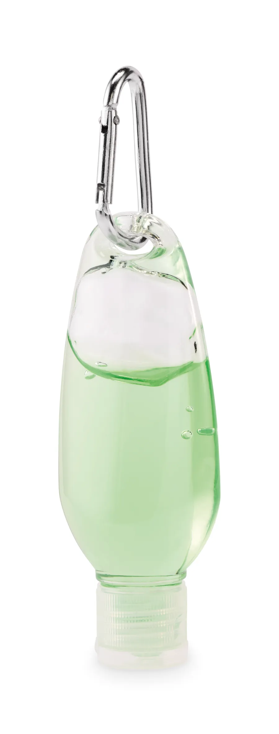Läpinäkyvä pullo, jossa vihreää aloe vera -geeliä ja metallinen sulkurengas korkin yläpuolella.