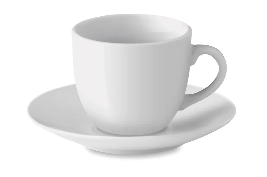 Valkoinen posliininen espressokuppi ja samanvärinen aluslautanen.