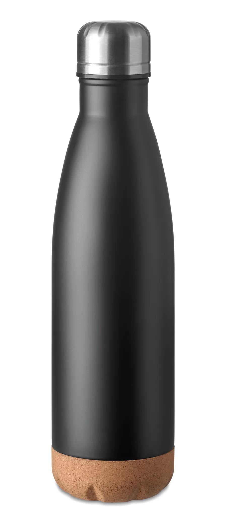 Musta ASPEN CORK termospullo, jossa teräksinen korkki ja korkkipohja.