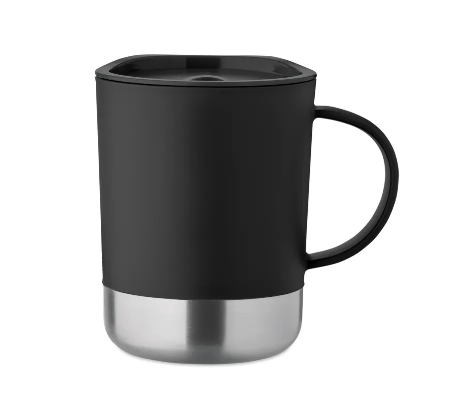 Musta 300 ml:n muki, jossa liukukansi, kahva ja teräksinen pohjaosa.