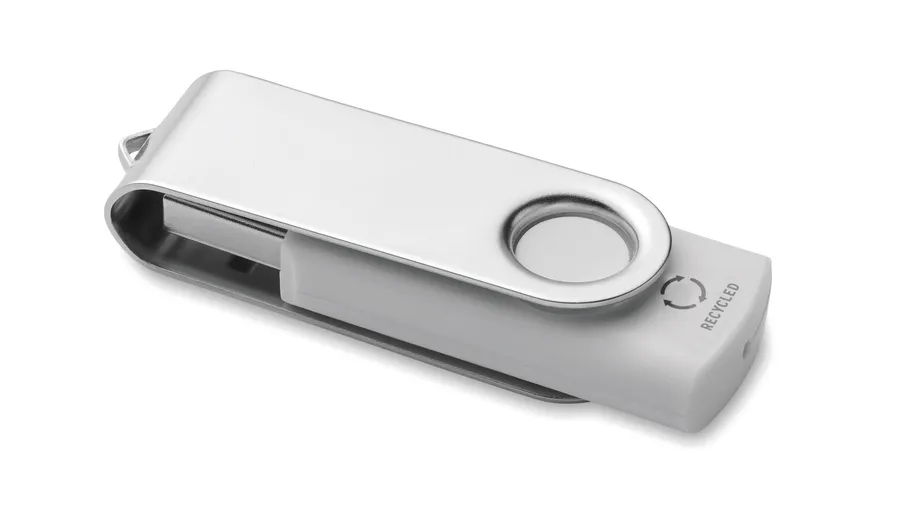 Valkoinen USB-muistitikku, jossa kääntyvä hopeanvärinen metallikuori.