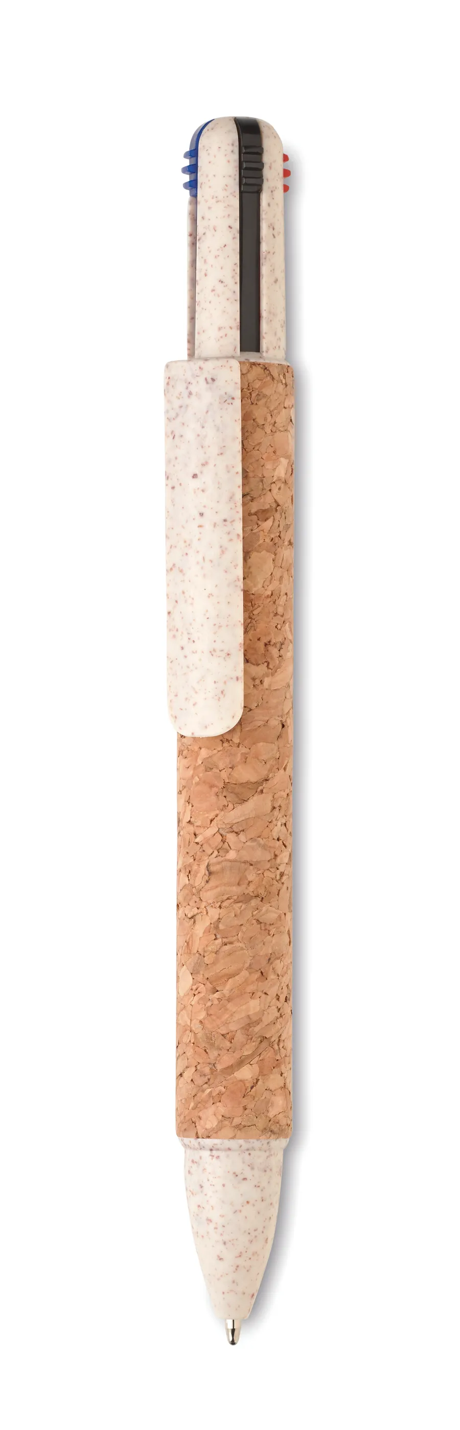 Beige kuulakärkikynä, jossa korkkirunko ja neljän musteen valitsimet kynän päässä.