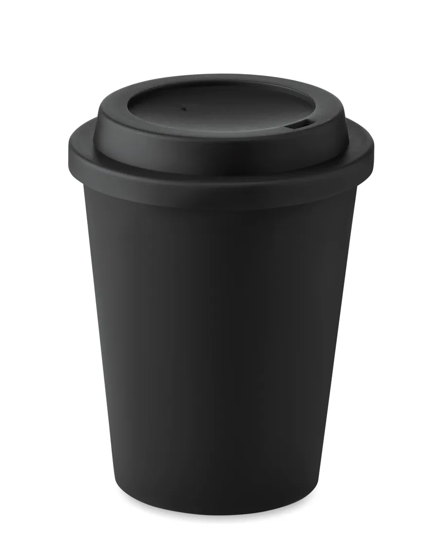 Musta kaksiseinäinen NOLA-muki, jossa on musta PP-kansi ja juoma-aukko.
