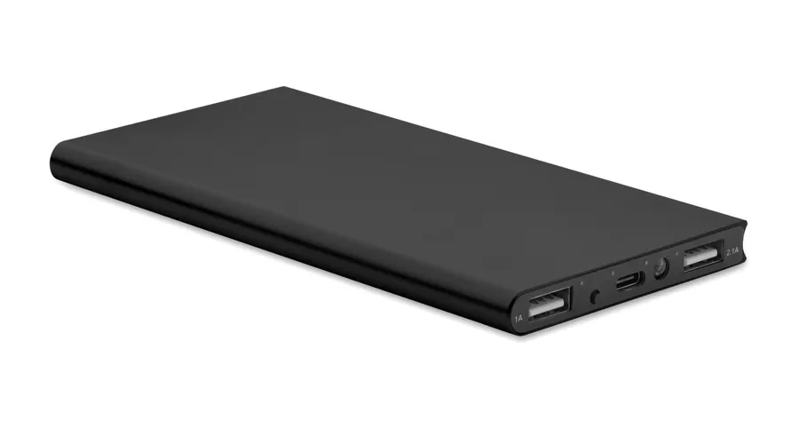 Musta litteä varavirtalähde, jonka pitkällä sivulla on USB-liitännät.