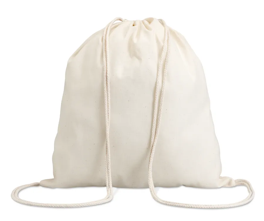 Beige puuvillainen narureppu, jossa kiristysnauhat toimivat olkahihnoina.