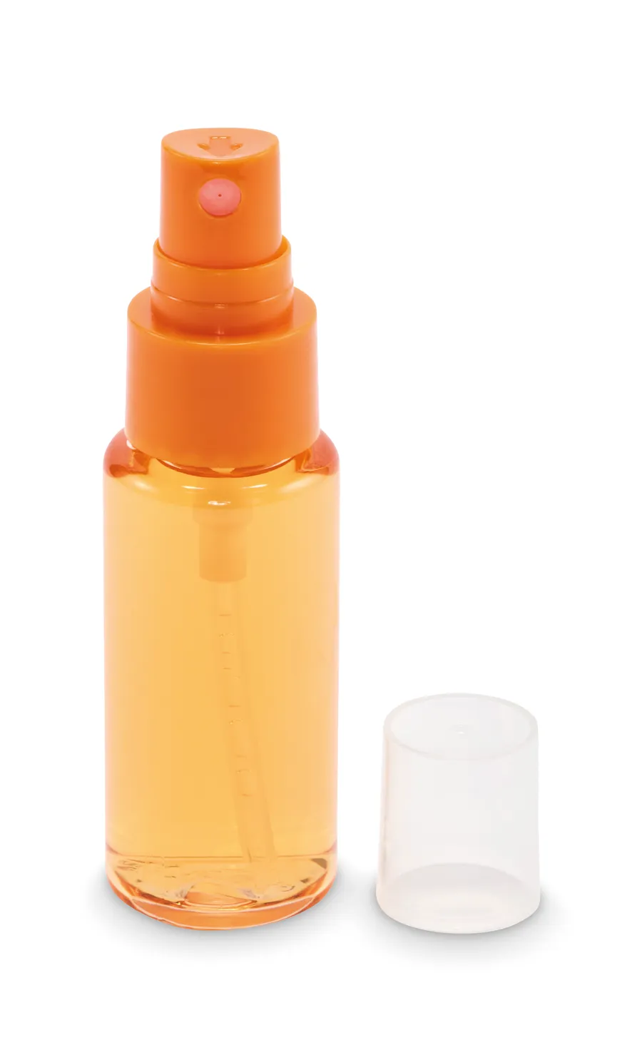 Läpinäkyvä oranssi 30 ml:n vartalosuihkepullo, jossa pumppu ja kirkas korkki.