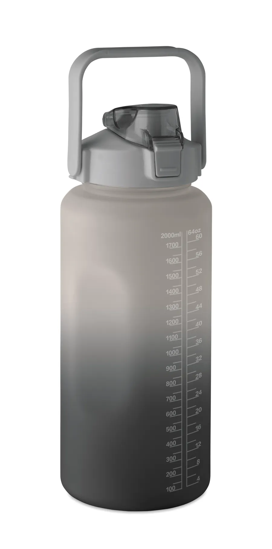 Musta 2000 ml juomapullo, jossa kantokahva, pillillä varustettu läppäkorkki ja mitta-asteikko.