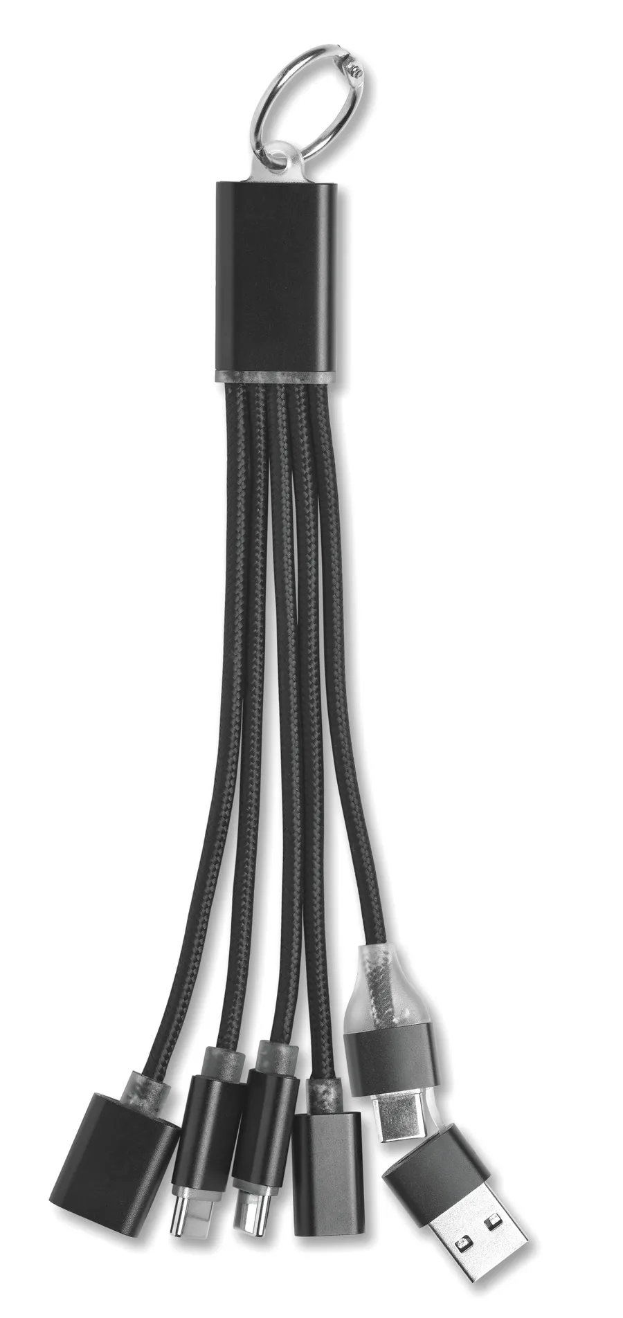 Musta avaimenperäkaapeli, jossa metallinen avainrengas, punottu kaapeli ja useita latausliittimiä.