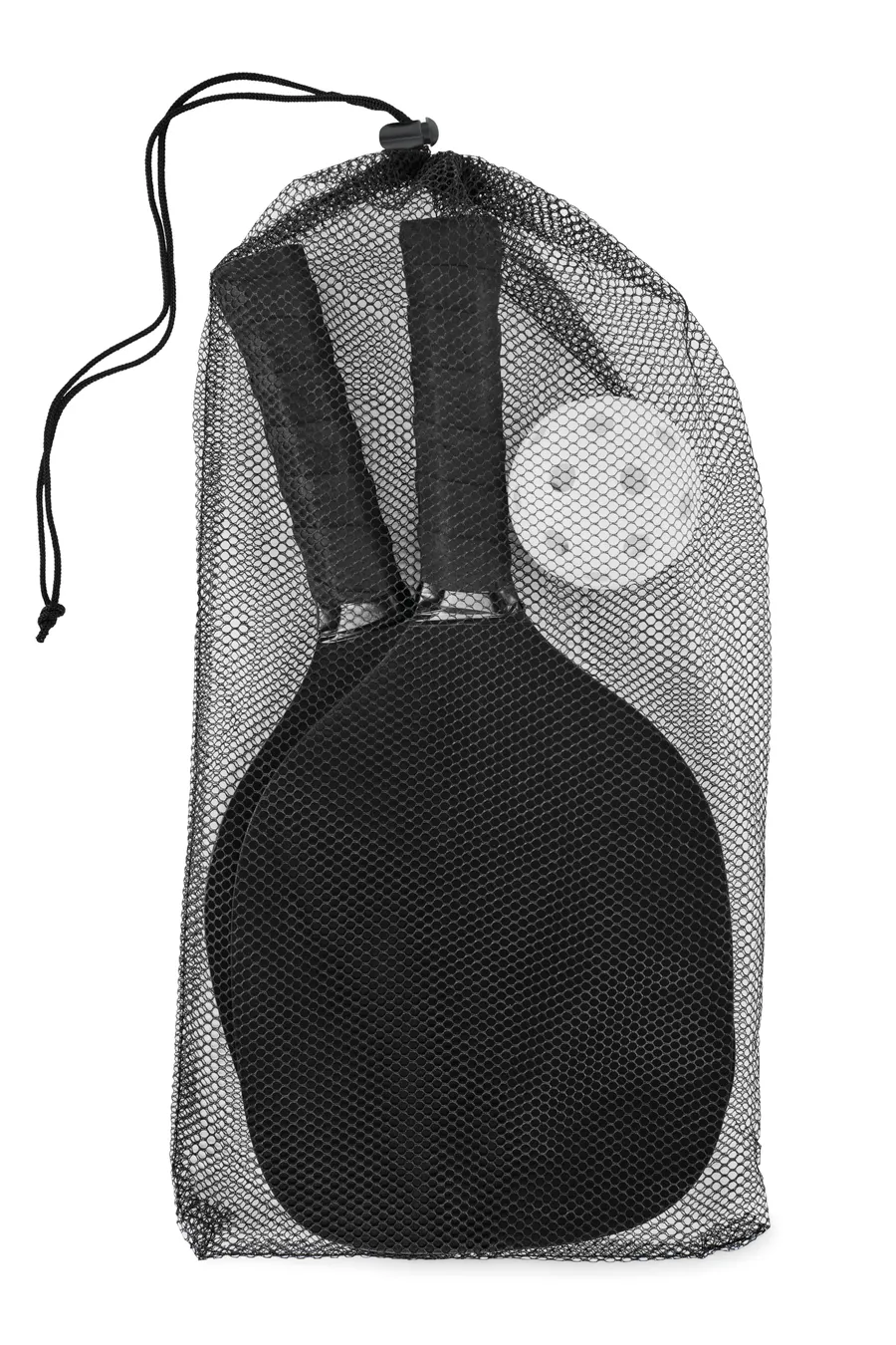 Musta pickleball-melasetti: kaksi melaa ja valkoinen pallo mustassa verkkopussissa.