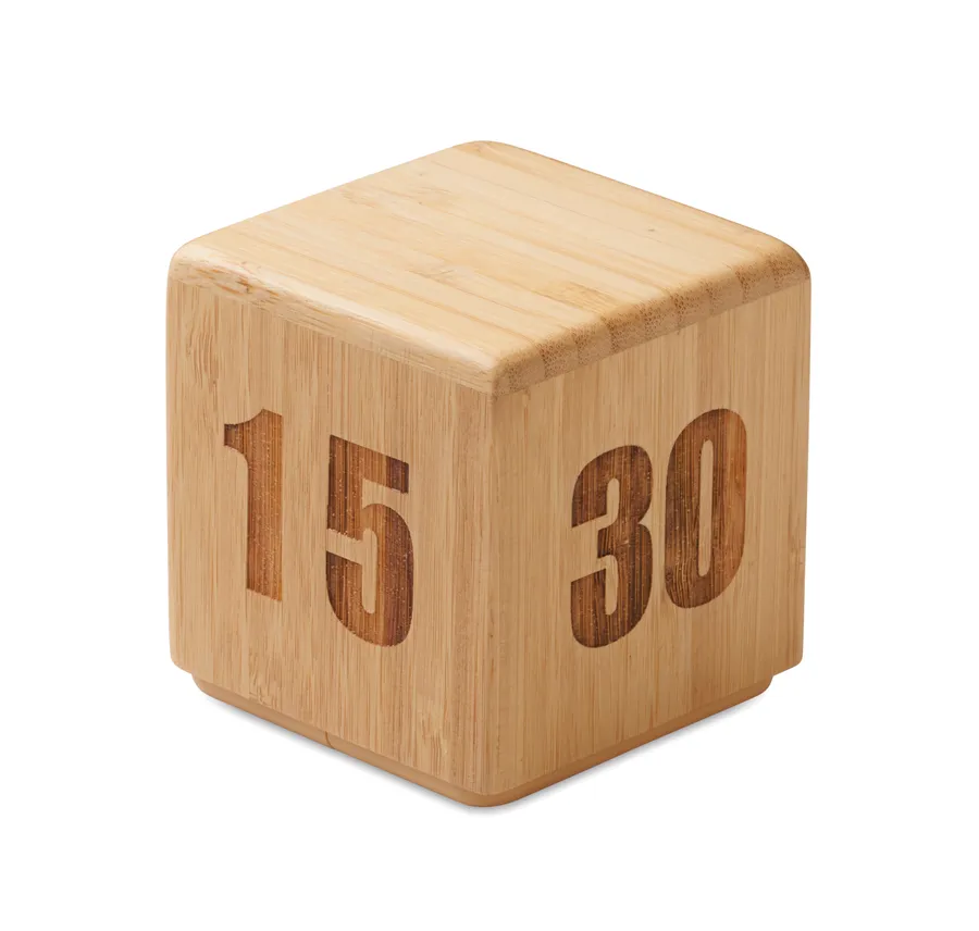 Puinen kuutiomainen torkkuajastin, jonka sivuille on kaiverrettu numerot 15 ja 30.