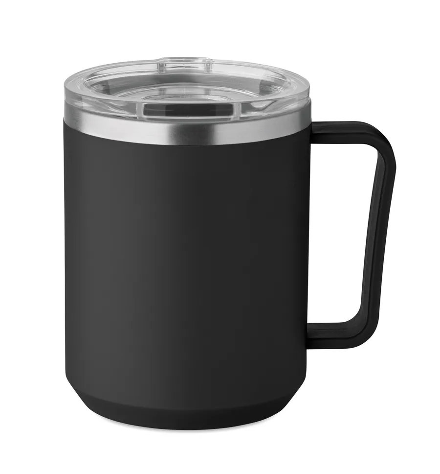 Musta kaksiseinäinen COCOA-muki, jossa on kahva ja läpinäkyvä liukukansi.