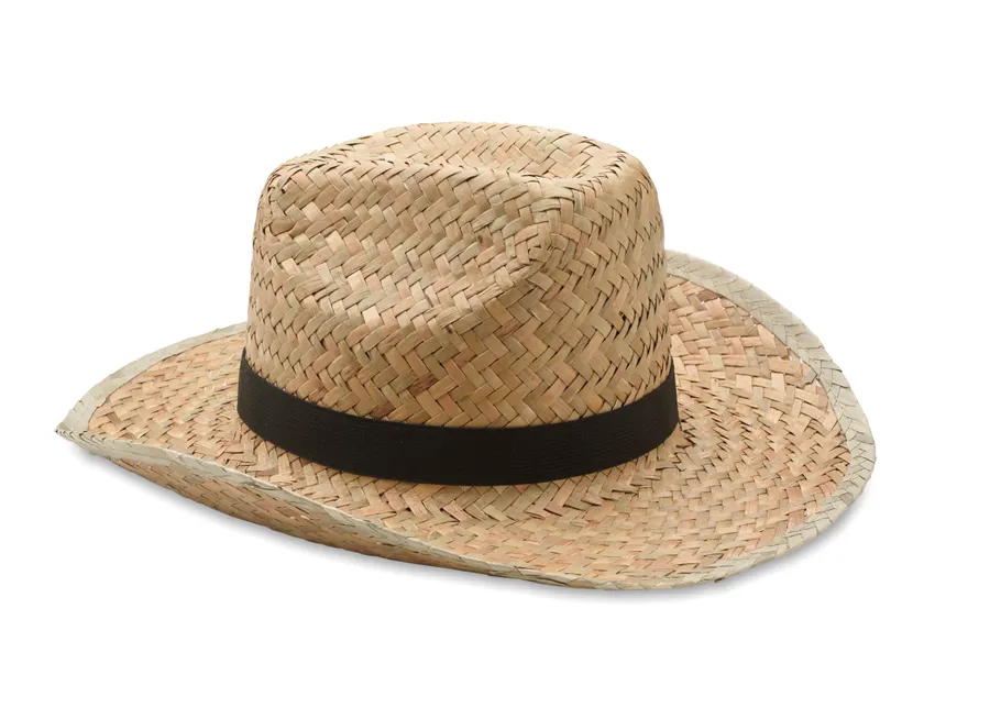 Beige olkihattu, jonka kupua kiertää musta nauha.
