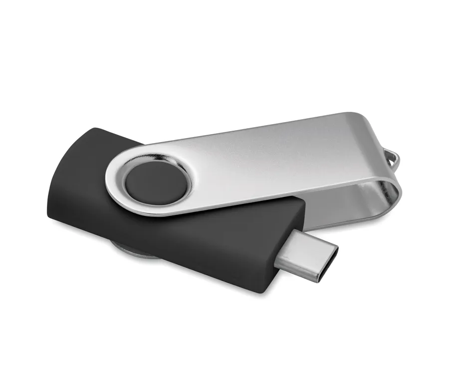 Musta USB-muistitikku, jossa kääntyvä metallikansi ja tyypin C liitin.