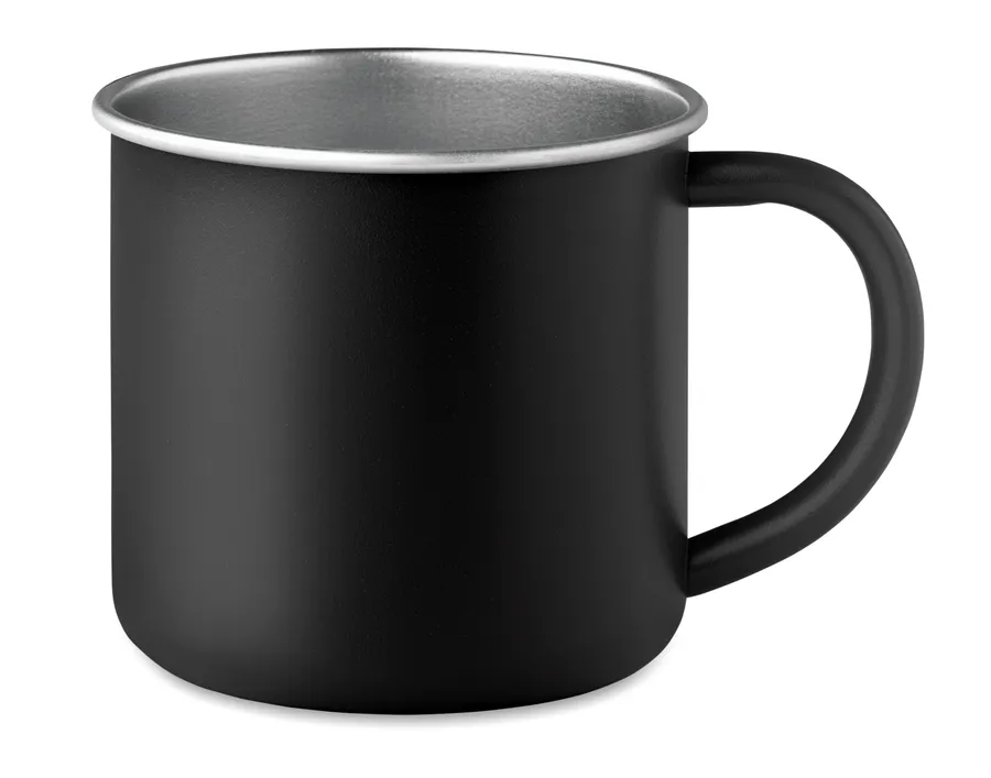 Musta CARIBU-teräsmuki, jonka suuosa ja sisäpinta ovat metallinväriset.