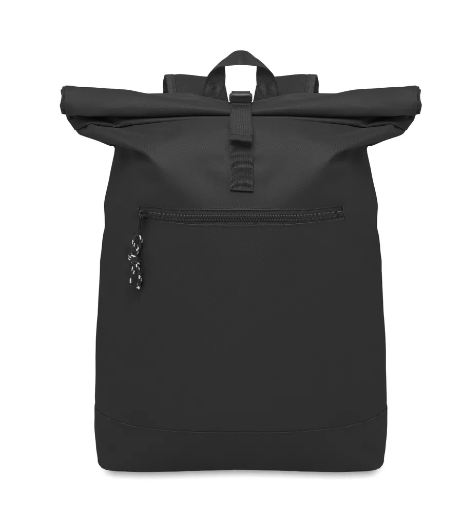 Musta rolltop-reppu, jonka etupuolella on vetoketjullinen tasku.