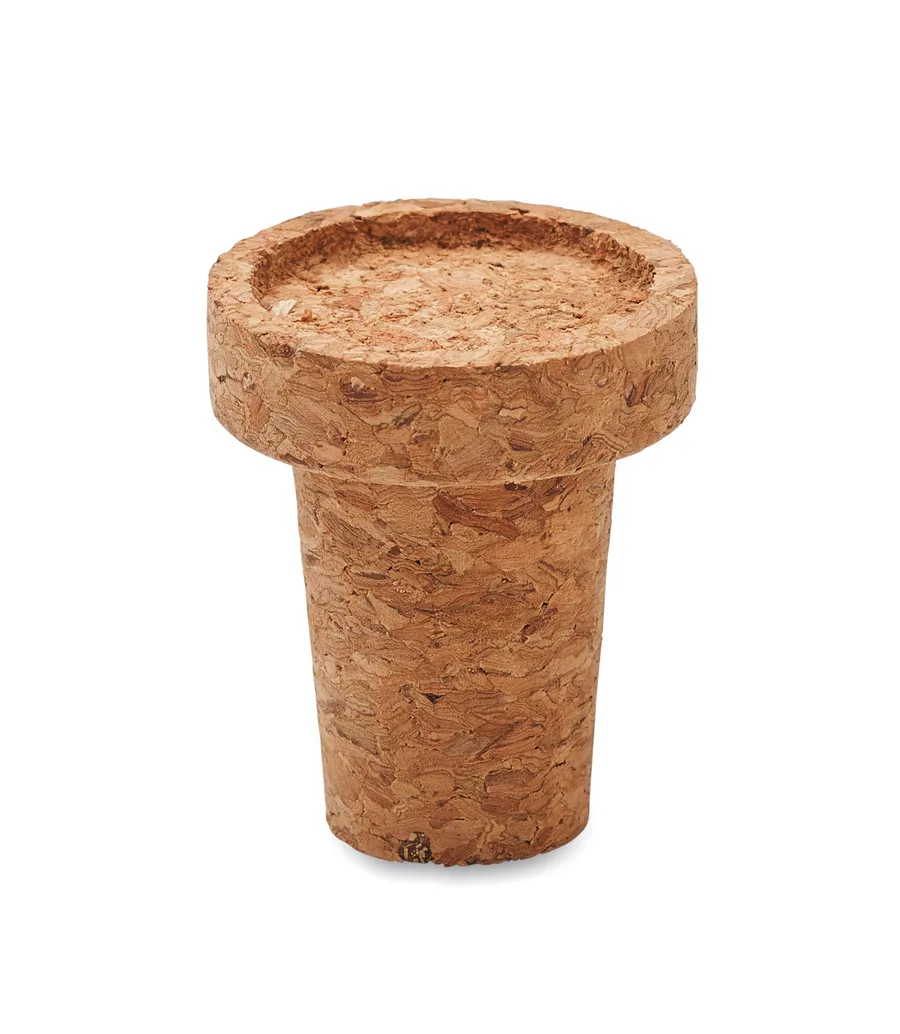 Beige korkkinen pullonkorkki, jossa leveä yläosa ja kapeneva runko.