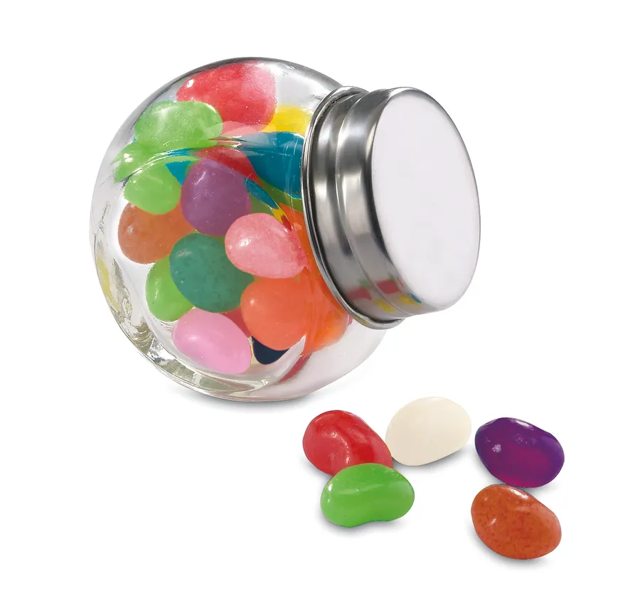 BEANDY-lasipurkki, jossa on monivärisiä jelly bean -karkkeja