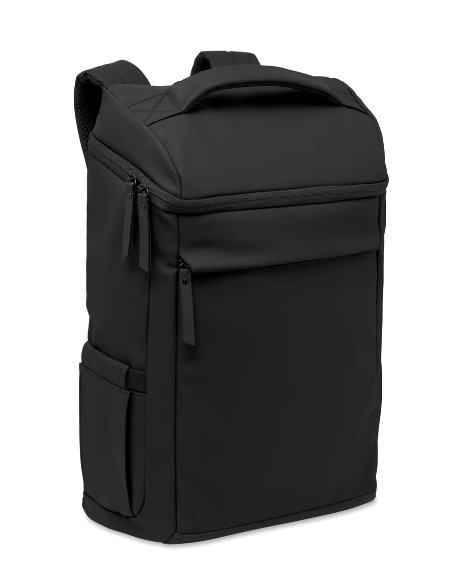 Musta BOULDER 15 tuuman PU-läppärireppu, jossa vetoketjullinen etutasku, ylätasku ja sivutasku.