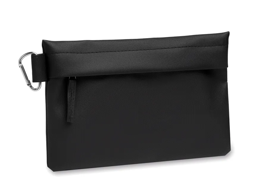 Musta CARRY organizer-laukku, jossa vetoketju ja karabiinihaka.