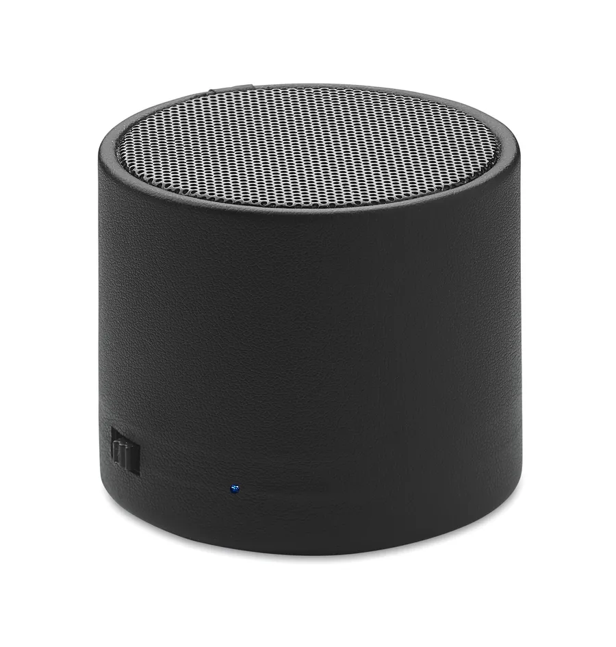 Musta lieriön muotoinen GAMA Bluetooth-kaiutin, jonka yläpinnassa on metalliverkkosäleikkö.